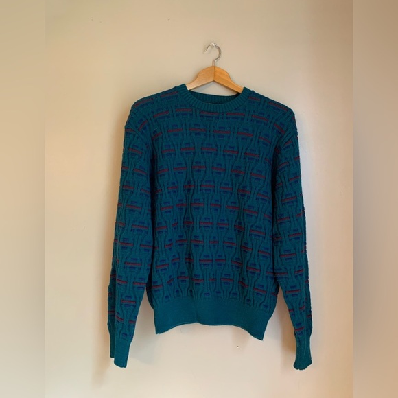 Iredell County Sweater Men L 3d Cable Knit Pullover Classic Blue green 80s 90’s - Picture 1 of 7